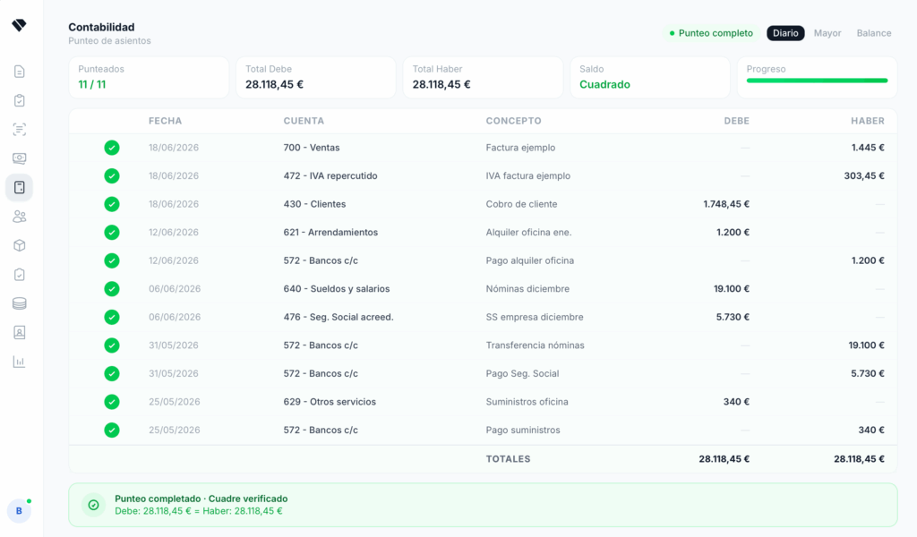 Panel de control y asientos de contabilidad en Holded. Captura de pantalla tomada de la plataforma oficial de la marca para su análisis comparativo.