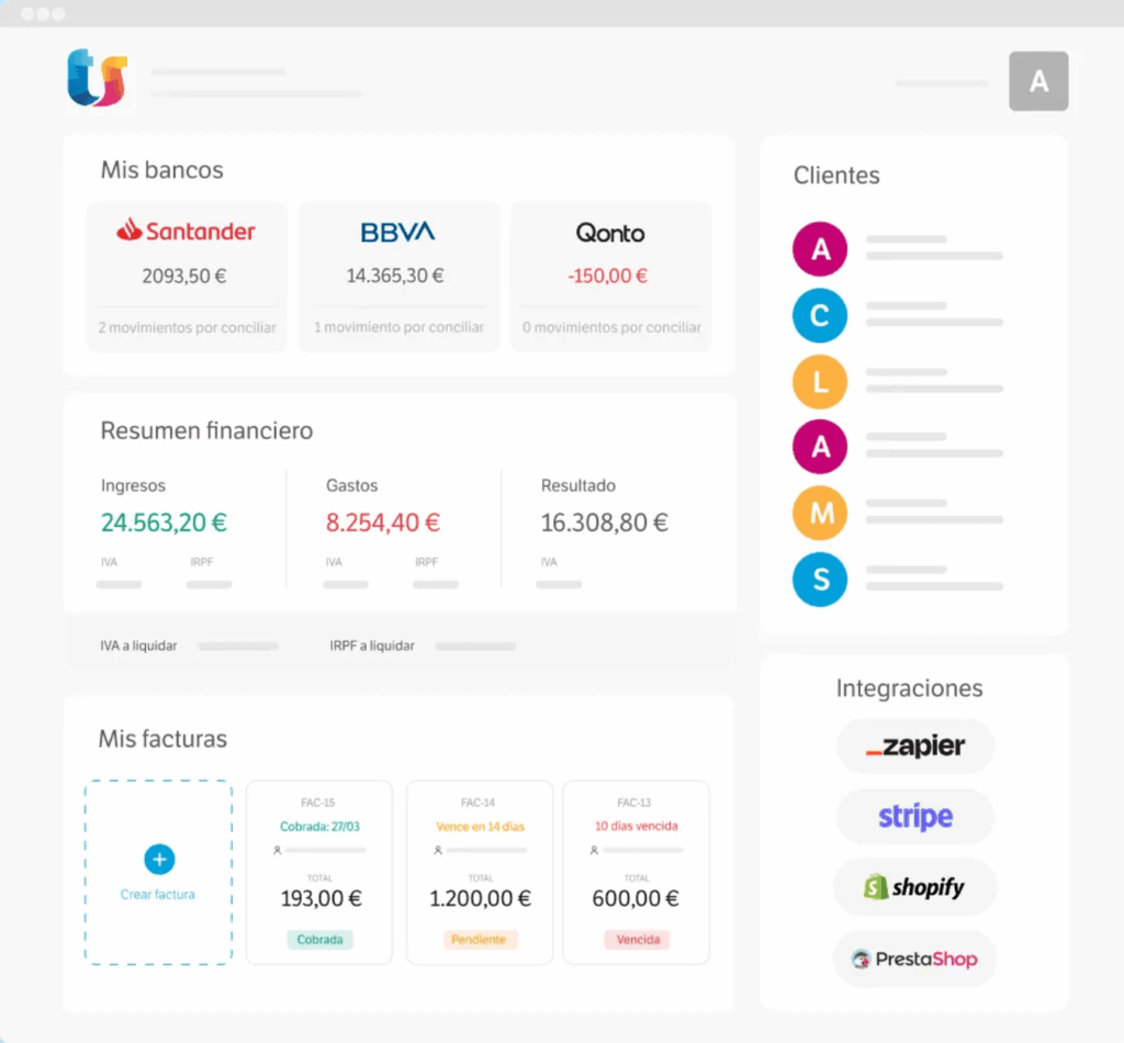 Interfaz del panel de control de Quipu para autónomos. Imagen obtenida de la plataforma oficial para su análisis.