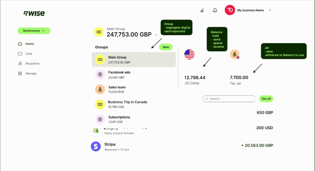 Interfaz del panel de control de Wise con saldos multidivisa para freelancers