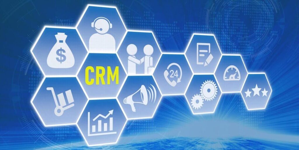 Gráfico conceptual interactivo con forma de hexágonos que conecta diferentes herramientas de gestión comercial y datos de clientes.